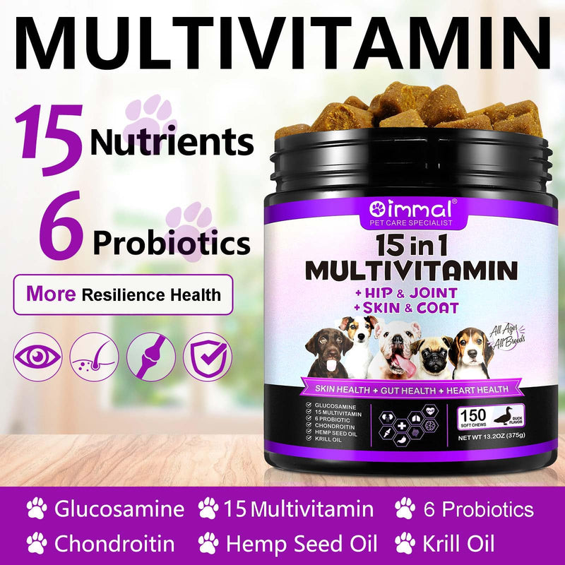 15-in-1 Dog Vitamins and Supplements with Glucosamine & Probiotics, 150ct Dog Multivitamin Chewable Natural Multivitamin Pet Supplement Hip & Joint Support Immune Health Heart Digestion, Duck Flavor