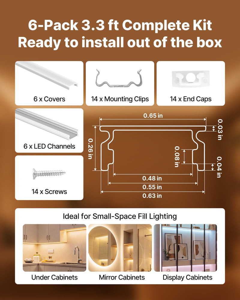 VEVOR 6-Pack 3.3 ft/1M U Shape LED Aluminum Channel, with Milky Cover, End Caps and Mounting Clips, Aluminum Profile for LED Strip Light Installations, Easy Installation, for Under Cabinet Counter 6Pcs* 3.3ft