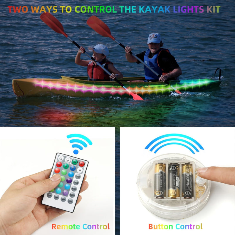 Battery Powered Led Kayak Lights, RGB Color Changing Paddleboard SUP Canoes Lights, IP68 Waterproof Marine Submersible Boat Light Strip with Remote, Marine Boat Interior Light, 2 Pack