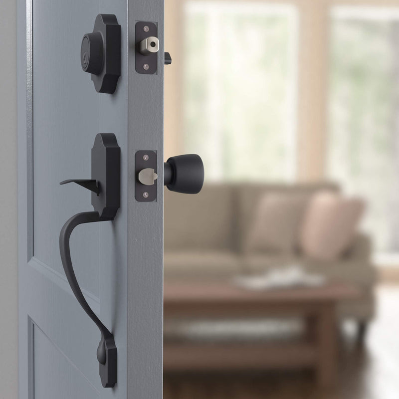 Amazon Basics Front Door Lock Set, Handleset with Tulip Knob, Level Door Handle, Exterior, Single Cylinder,Matte Black, 1-Pack Matte Black 1 Pack