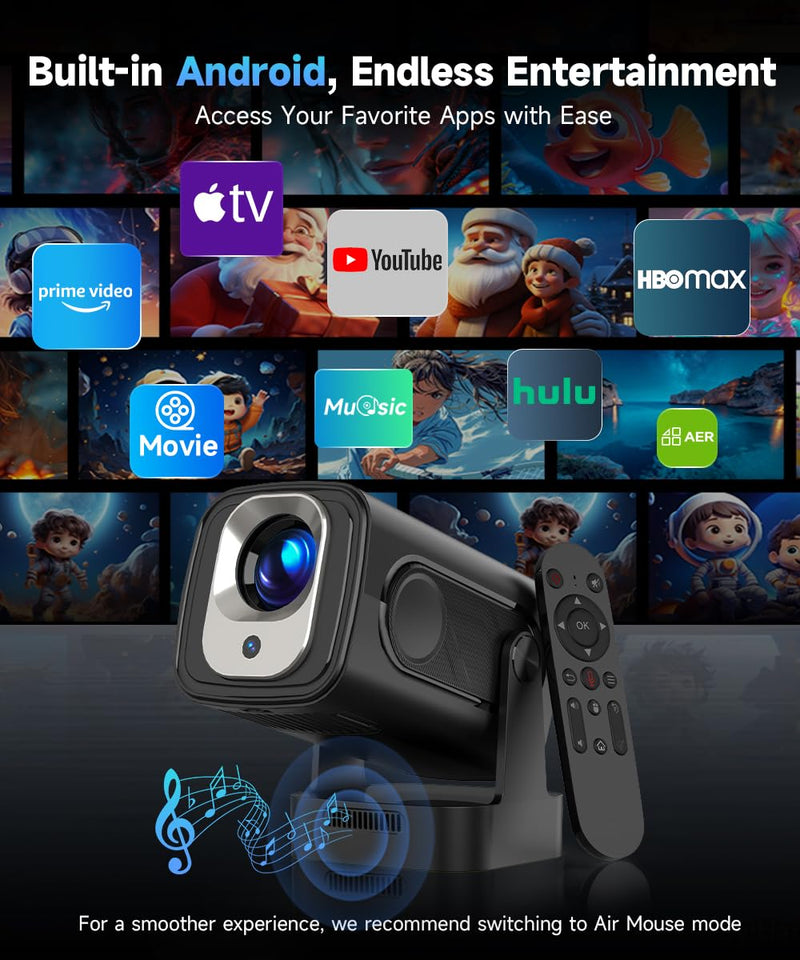【Auto Focus &1080P】Alwtniet Mini Portable Projector, 4k Support Smart Proyector with Wifi and Bluetooth For Outdoor, 5W Speaker, Built in Apps,Home Theater, Bluetooth Movie Projector (Black) Black