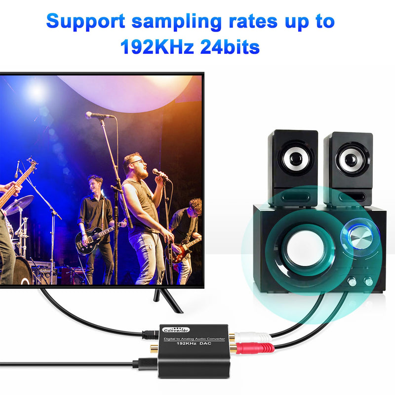 Digital to Analog Audio Converter, 192kHz DAC Digital Coaxial and Optical Toslink to Analog 3.5mm Jack Adapter and RCA (L/R) Stereo Audio Adapter with Optical Cable for HDTV Home Cinema Systems