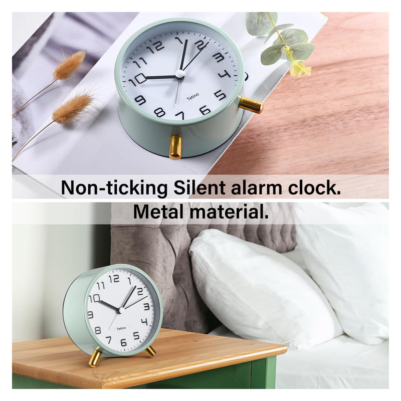 Analog Alarm Clocks,Retro Metal Desk Silent Non Ticking Small Clock with Night Light,Battery Operated,Simple Design,for Bedrooms, Bedside,Office,Home Décor (Green) Green