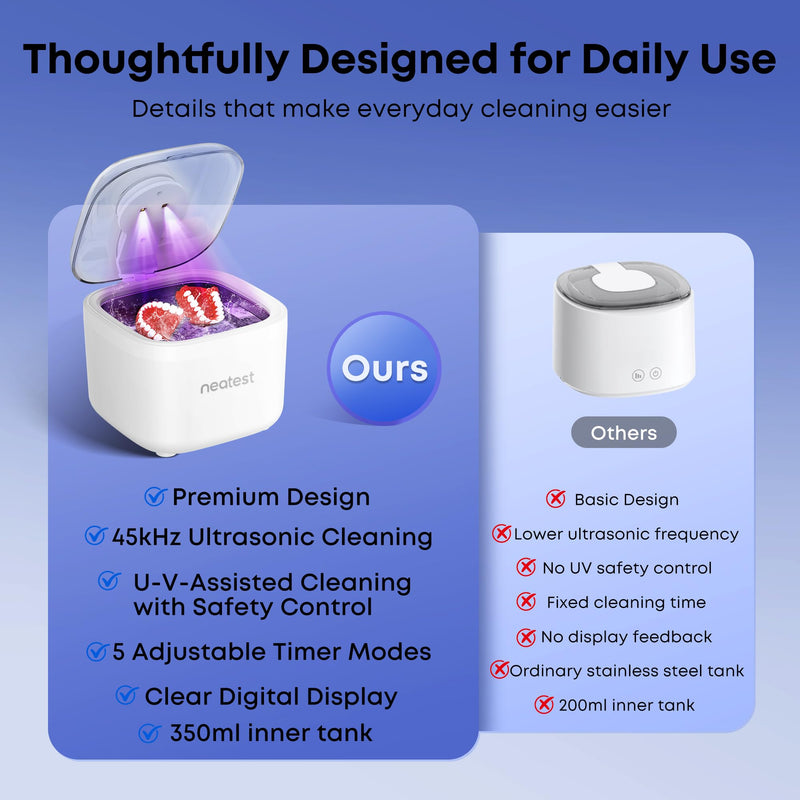 NEATEST Ultrasonic Retainer Cleaner Machine, 45kHz Ultrasonic Denture Cleaner, 350ML Stainless Steel Dental Cleaning Pod, 5 Timer Modes for Retainers, Aligners, Mouth Guards, Braces, Night Guards
