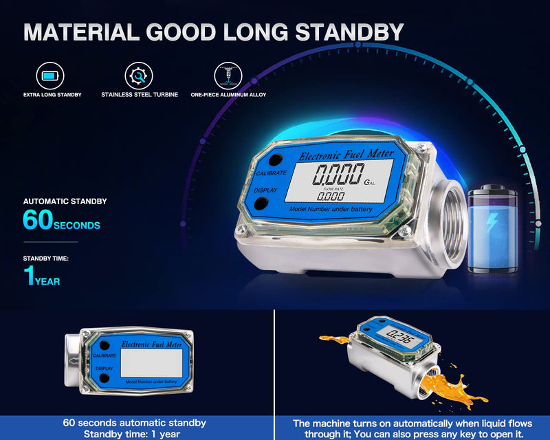1Inch Flow Meter - Turbine Flow Meter - Fuel Flow Meter - LCD Digital Flow Meter with FNPT Inlet/Outlet for Liquids Such As Water, Diesel, Kerosene and Gasoline, 2.5-26 GPM /10-100 LPM