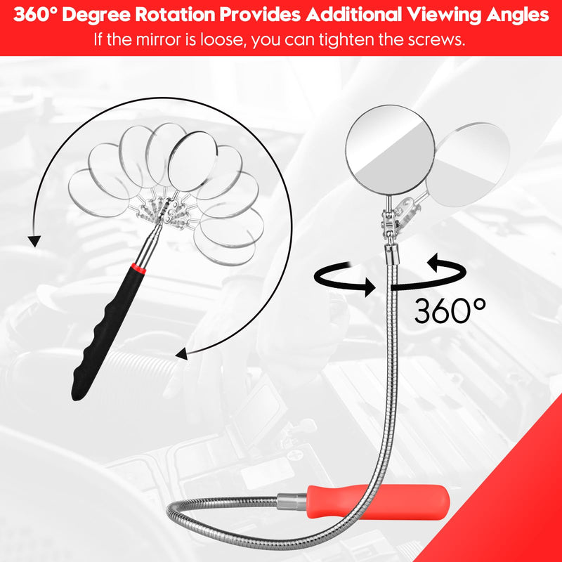 2 Pcs Inspection Mirror, Mechanics Mirror Tool with Long Handle, Round Extendable Mirror on a Stick & 360 Rotation Bendable Circular Mirror for Technicians Mechanics Contractors Checking Observation Black/Orange