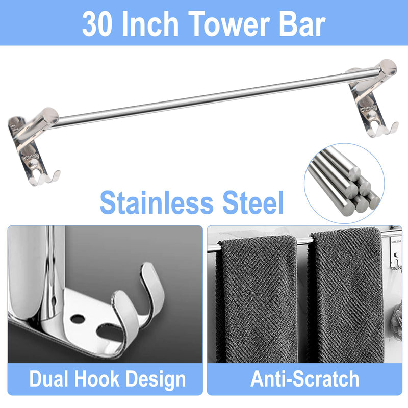 3 Pcs Bathroom Hardware Set, Includes 17 to 30 in Adjustable Bathroom Towel Bar/Towel Rack 304 Stainless Steel Wall Mount, 2 Pcs Adhesive Towel Hooks for Kitchen or Bathroom