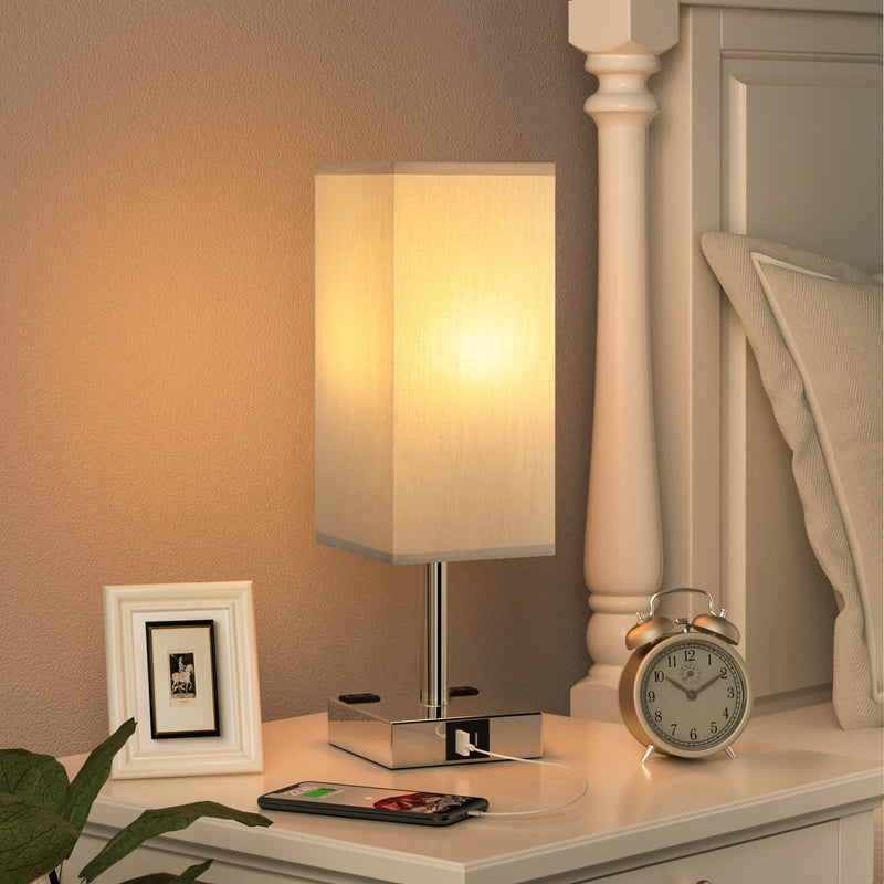 【Upgraded】Bedside Table Lamp Touch Control, with USB C+A Charging Ports & Dual AC Outlets, 3-Way Nightstand Lamp for Bedroom with LampShade Living Room Office(LED Dimmable Bulb Included) Gray & Silver 14.0in