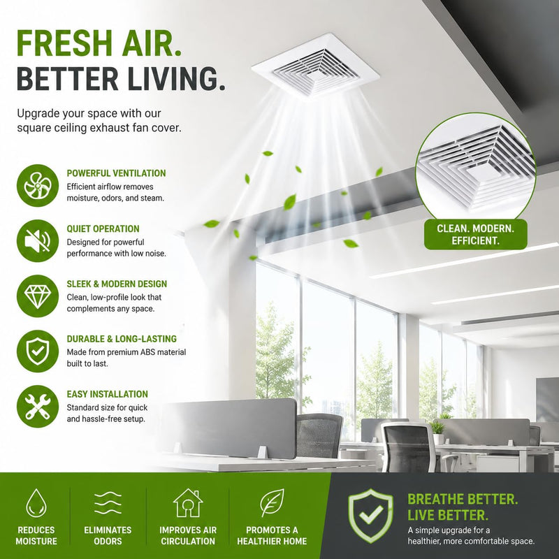 White Square Bathroom Exhaust Fan Cover with Spring, 10. 5" x10. 5" Ceiling/wall Mounted Grille, Replacement Parts for Old Damaged Fan Covers, Air Diffuser Ventilation Hood 10.5x10.5 inch