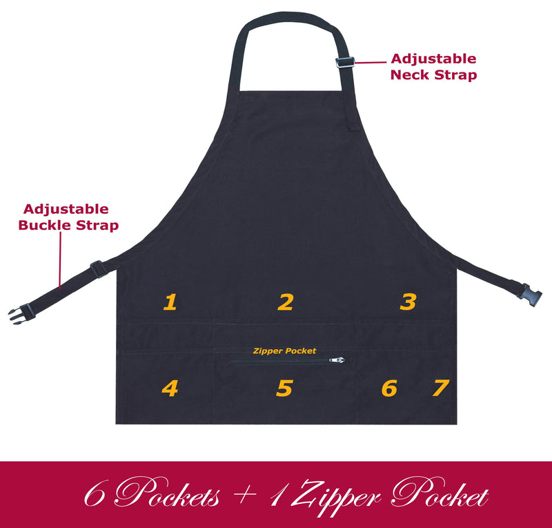 Aprons for Women Men with 7 Pockets – Zipper Pocket - Buckle Closure - Server, Waitress, Hair Stylist, Short Apron Black