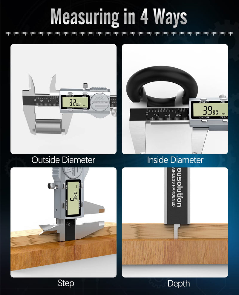 Digital Caliper 6 Inch, (ABS) Absolute Scale Caliper, IP54 Caliper Measuring Tool, Inch/MM/Fraction, Auto-Off LCD Stainless Steel Waterproof Micrometer Vernier Caliper, with Feeler Gauges ABS ABS-150mm