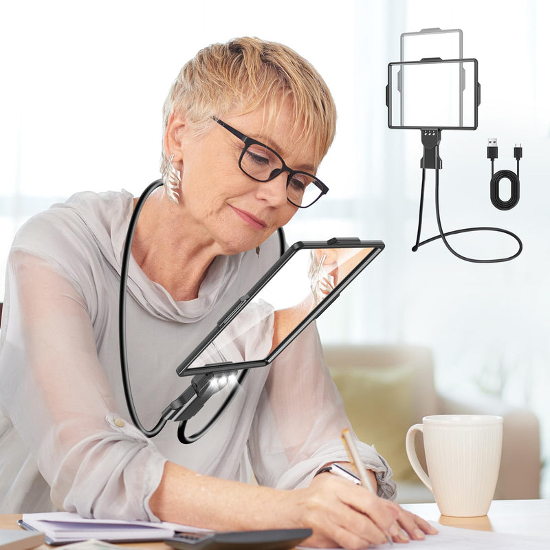 Large 5X Rechargeable Magnifying Glass with Lights, Hands Free Neck Wear Magnifier for Reading, Full Page Book Magnifier for Seniors Low Vision Elderly (Grey) Gray