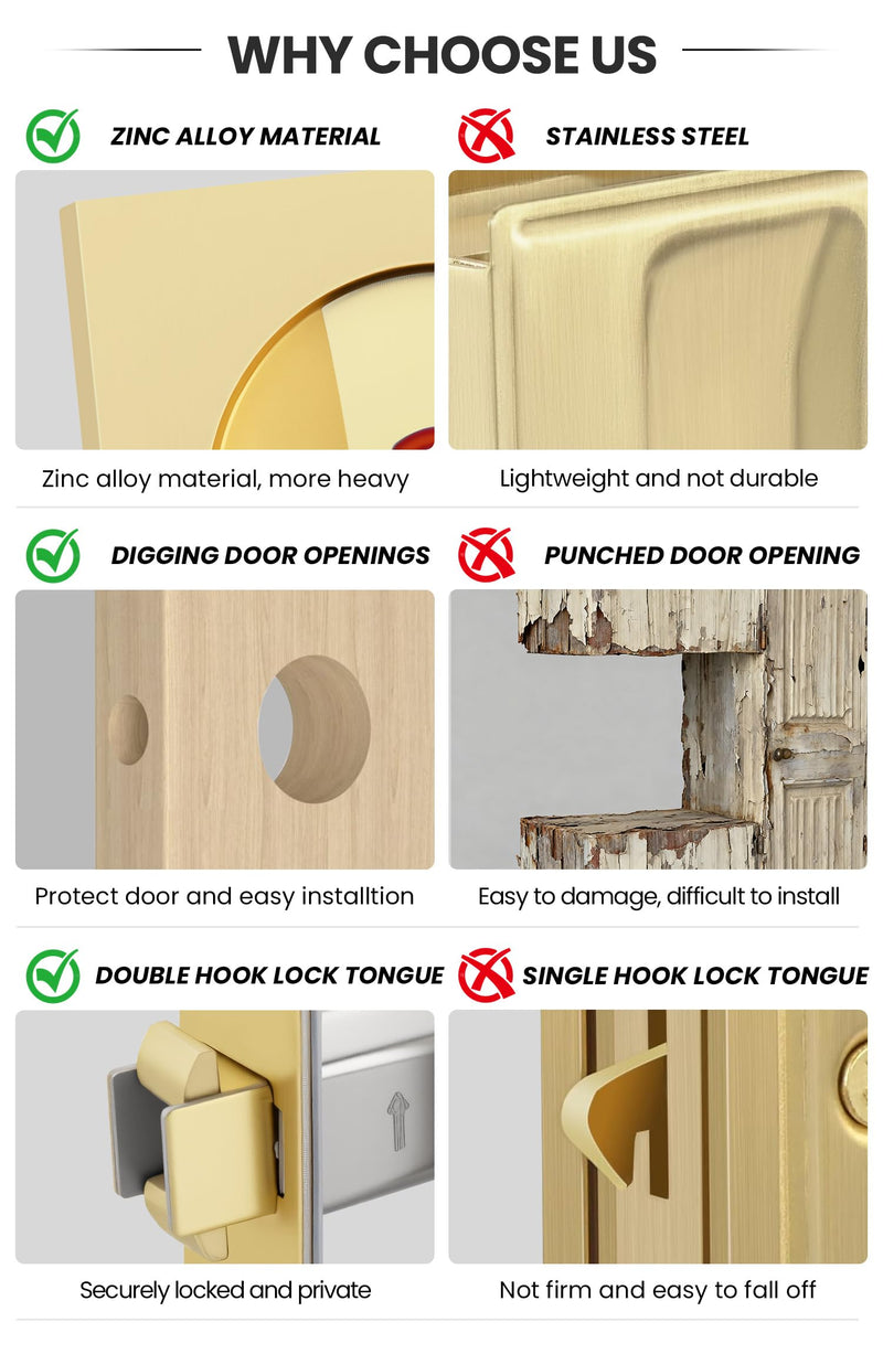 goldenwarm Brushed Gold Square Pocket Door Lock with Indicator, Pocket Door Hardware for 2-1/8'' Round Bore Hole, Pocket Door Handles Fit 1-1/4'' to 2'' Thickness Sliding Door 2-3/8'' Latch 1 Pack Indicator 1 Pack