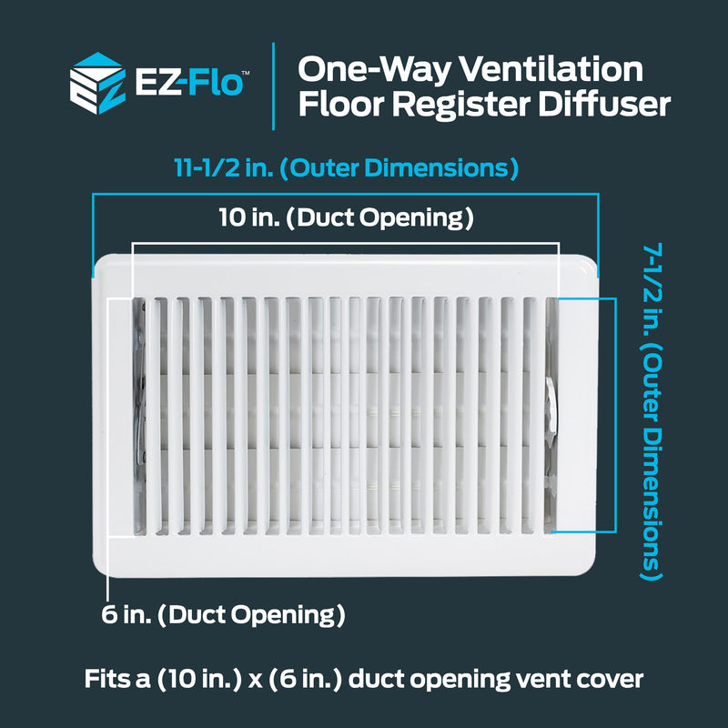 EZ-FLO 6 x 10 Inch (Duct Opening) Floor Register Vent Cover, One-Way Ventilation Register Diffuser, Solid Steel HVAC Air Vent Cover, White, 61637 6 in. x 10 in.