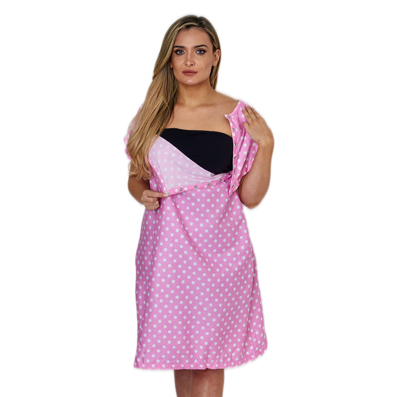 Hospital Gown for Women Labor & Delivery, 100% Cotton Easy Snap Back Closure, Shoulder Snap Polkadot Patient Gown Small-Medium Pink