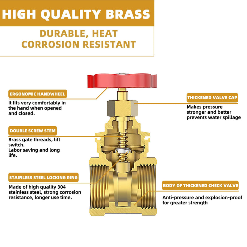 1-1/4" NPT Brass Gate Valve, Heavy Duty Female x Female Thread Manual Rotary Sluice Valve with Wheel Handle for Water, Oil, Gas, Industrial Plumbing, and HVAC Systems (1-1/4", DN32) 1-1/4"-NPT