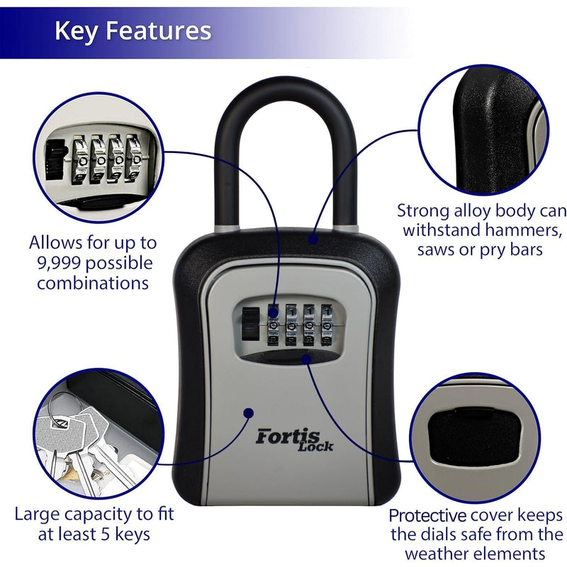 Box for Keys with Code, Portable Shackle Key Safe, 4-Digit Combination, Weather-Resistant Key Lock Box for Outside Doors & Gates, Gray
