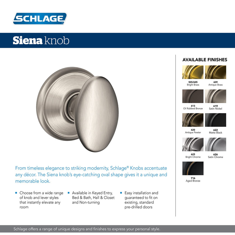 Schlage F40 SIE 622 Sienna Door Knob, Bed & Bath Privacy Lock, Matte Black Standard