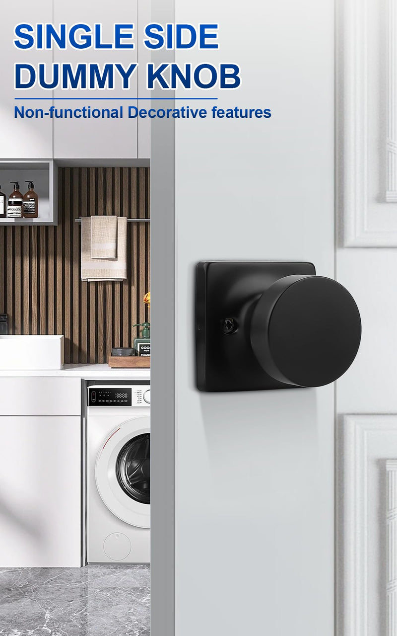 Probrico Dummy Door Knob Matte Black Finish, 2 Pack Standard Size Interior Door Handles Single Sided Dummy Door Handles, Flat Ball Knob for Closet