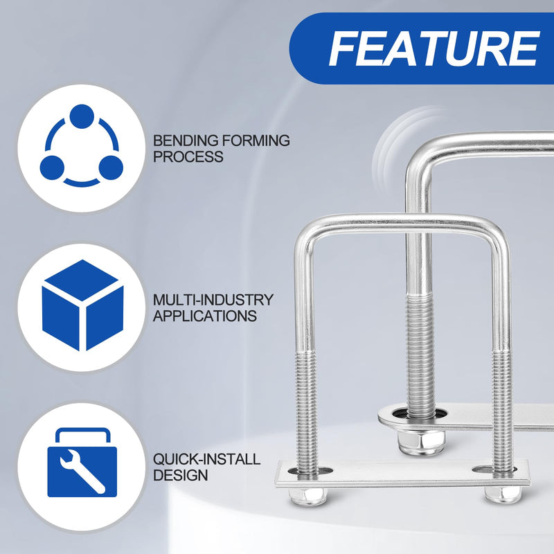 METALLIXITY U Bolts 2Set (M10x75x120mm), Square U Bolt Kits 304 Stainless Steel with Nylon Lock Nut Washers Plates - for Construction, Pipe, Trailer, Automotive, Leaf Spring Fastener M10x75x120mm 2