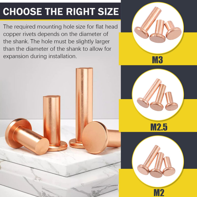 270Pcs Flat Head Copper Solid Rivets Kit, M2 M2.5 M3 Solid Copper Rivets Fasteners, Flat Head Rivets Solid Copper Rivets for Electrical Applications, Leather Working Supplies