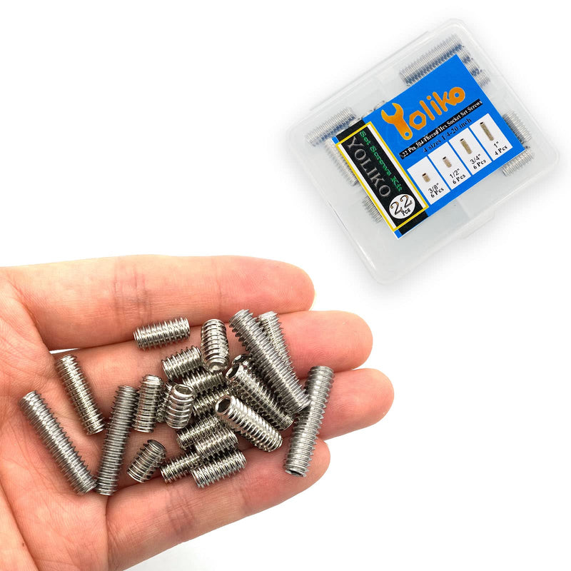 22pcs 1/4-20 Inch 4 Sizes Thread Hex Socket Set Screw Assortment kit – 304 Stainless Steel Full Thread Cup Point Grub Screws Set Screw for Bathroom Fixtures, Door Handles, Light Fixtures etc 304ss 1/4-20 4 Sizes-22pcs