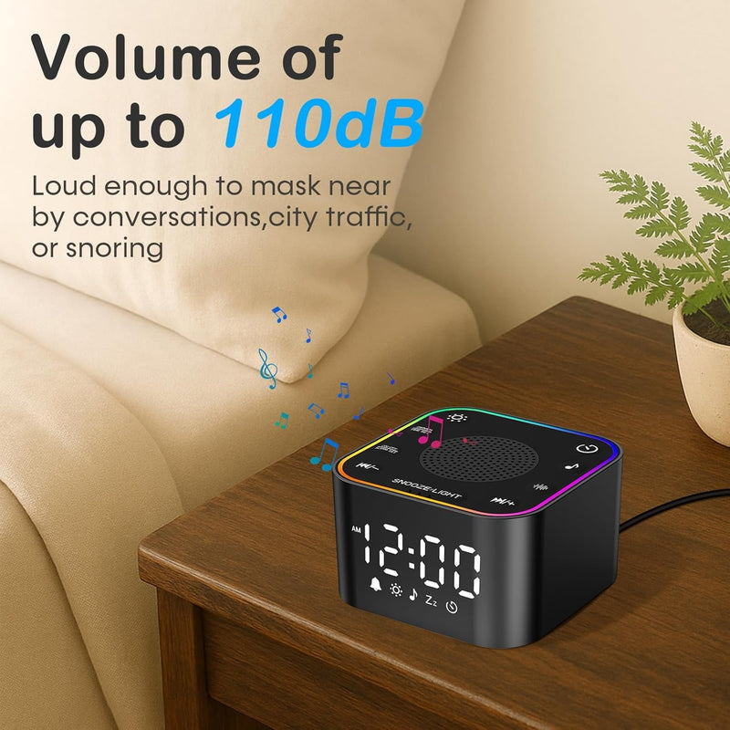 Sound Machine with Alarm Clock: 30 Non-Looping Sleep Sounds - White Noise Alarm Clock for Natural Wake Up - Adjustable Volume & Light, Memory Function, Sleep Timer (Black) Black 3.15*3.15*1.85 Inch