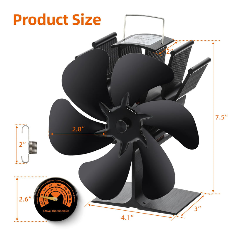 6 Blades Heat Powered Wood Stove Fan Fireplace Fan Non Electric for Wood Burning Stove/Pellet/Log, Heat Powered fan, Silent Operation, With Magnetic Thermometer, Black