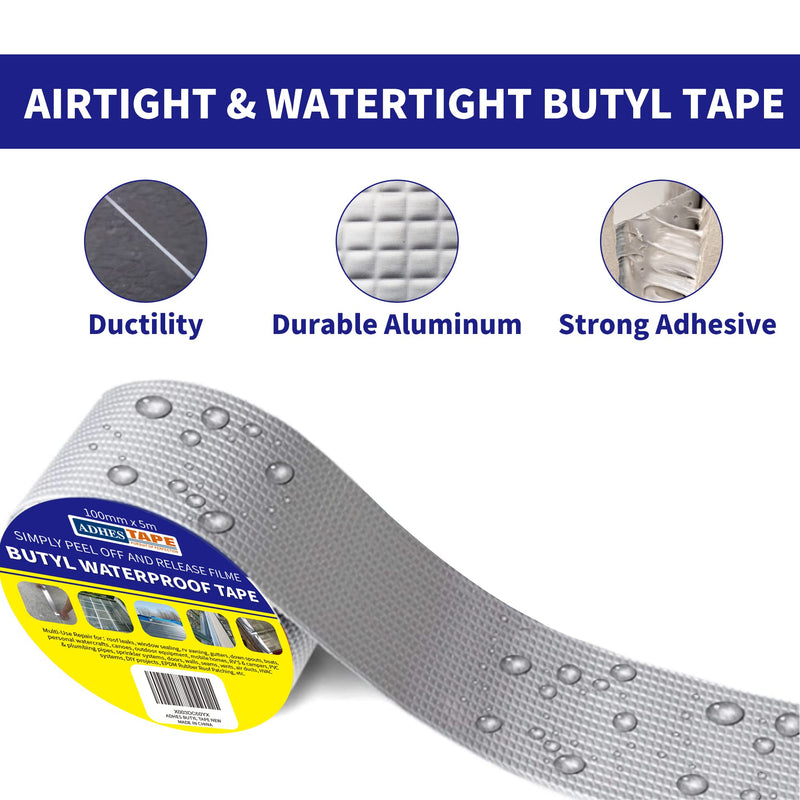 ADHES Butyl Tape Waterproof Tape Aluminum Foil Tape 2 Inch x 16 Feet, Butyl Sealant Tape for RV Repair, Window, Silicone, Boat and Pipe Sealing, Glass & EDPM Rubber Roof Patching, Silver 50mm x 5m 1