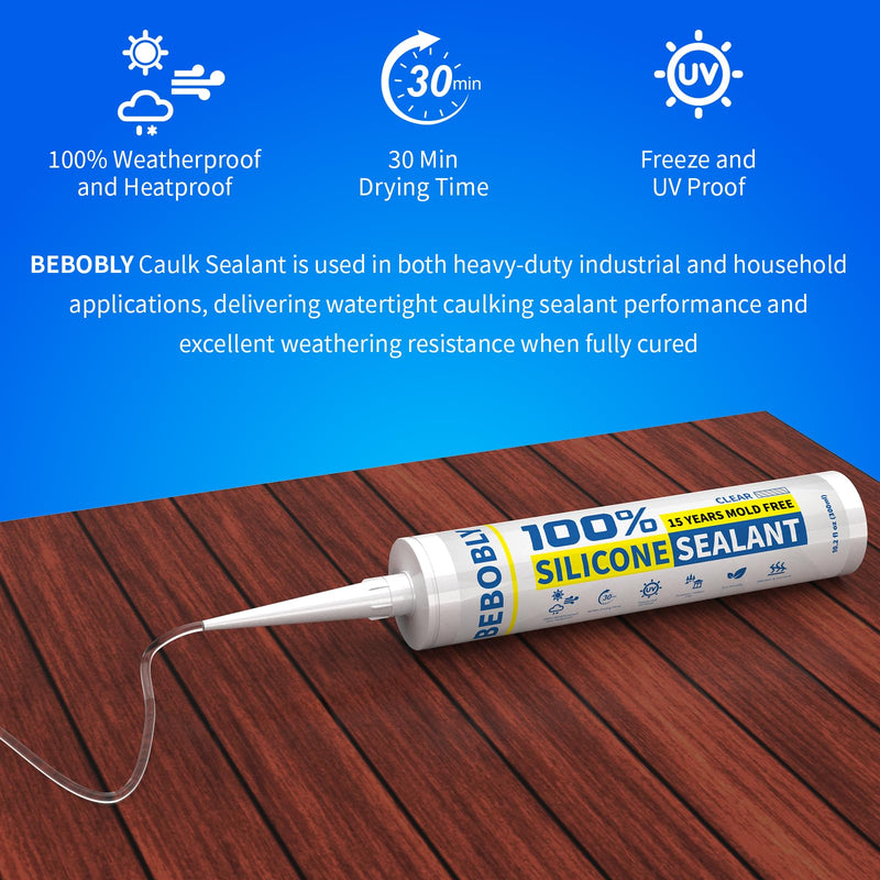 Silicone Caulk & Sealant Clear, 100% Waterproof Silicone Sealant, Shrink & Crack Proof, Silicone Sealant Caulking for Kitchen, Bathroom, RV, Interior & Exterior Use, 10.2 FL. OZ/300ML, 1 Pack
