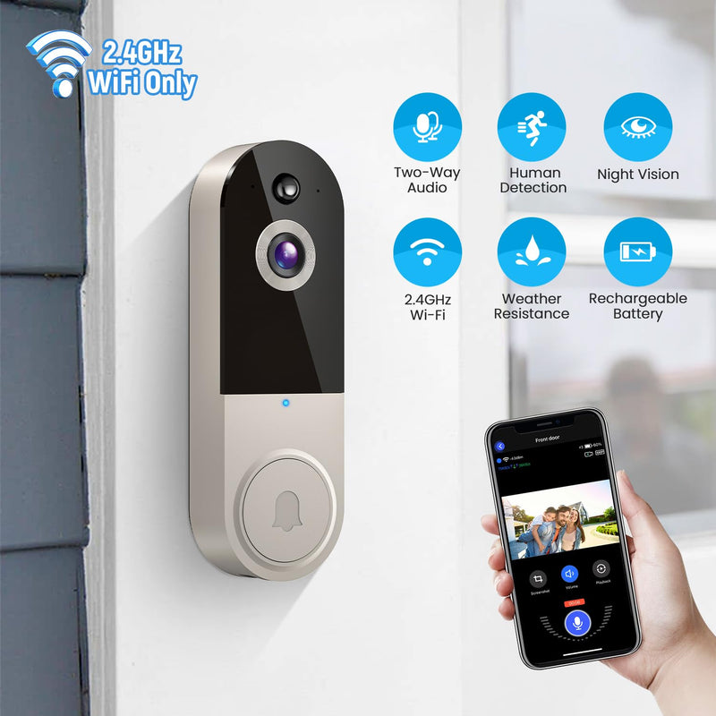1080p Wireless Video Doorbell Camera with Chime, AI Human Detection, 2-Way Talk, Live View, Night Vision, Cloud Storage, 2.4G WiFi Only, Battery Powered, Indoor Outdoor Surveillance (Linen) Linen