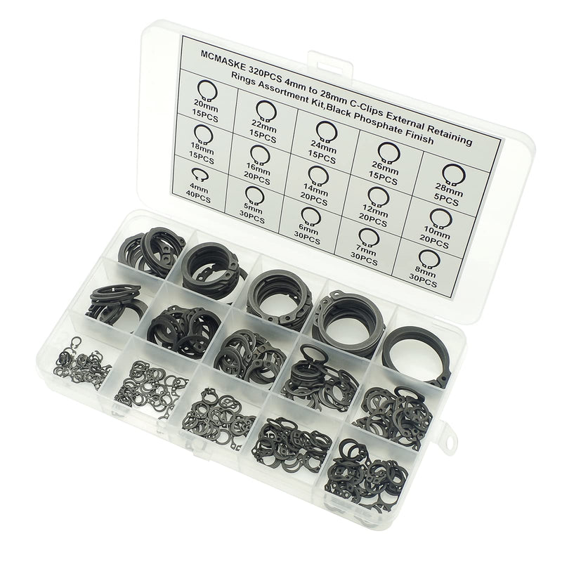 320PCS 15 Sizes Metric 4mm to 28mm Nominal Diameter C-Clips External Retaining Rings Assortment kit,Black Phosphate Finish