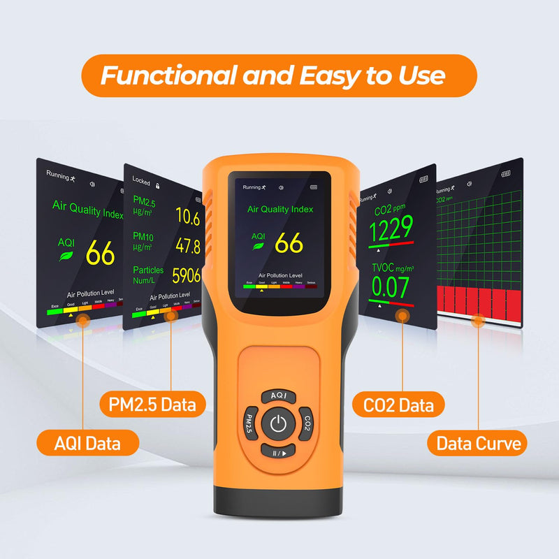 6-in-1 Air Quality Monitor Indoor Air Quality Detector Portable AQI Tester Detect CO2 PM2.5 PM10 HCHO TVOC Meter for Cars,Homes,Schools,Offices