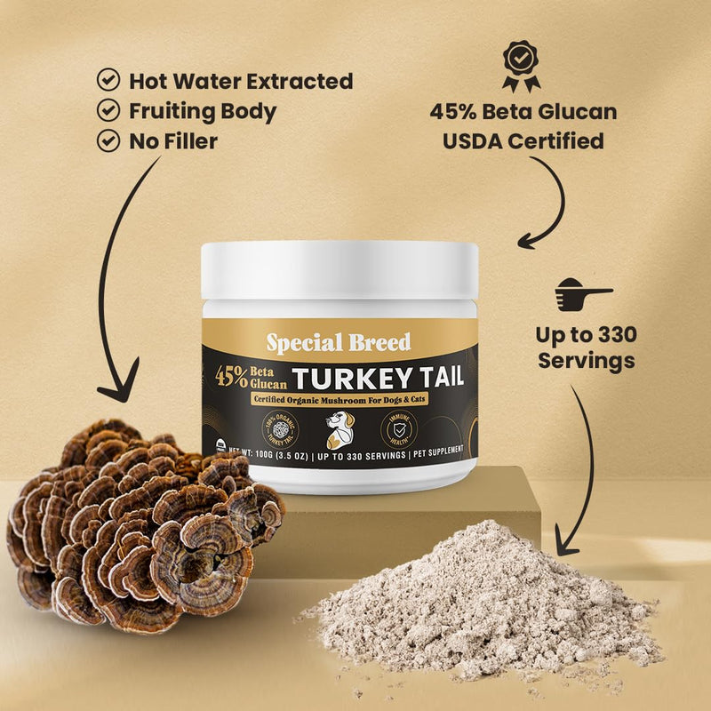 Organic Turkey Tail Mushroom for Dogs and Cats, 45% Beta Glucan Standardized, Hot Water Extracted Whole Fruiting Body, Third Party Tested, Immune and Gut Support, No Fillers, Made in USA, 330 ct 3.5oz
