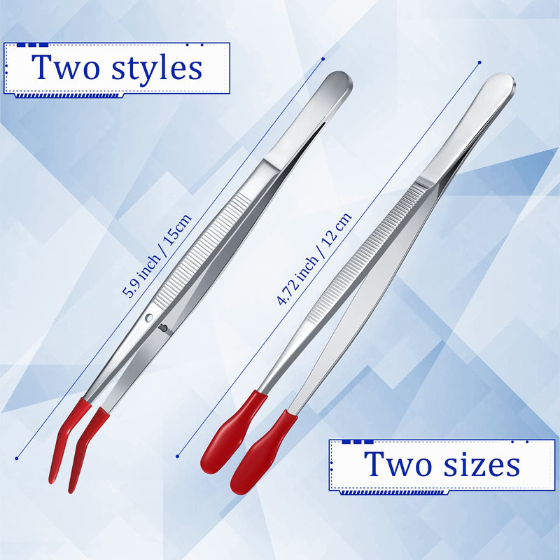Honoson 4 Pieces Rubber Tipped Tweezers PVC Silicone Tip Tweezers Coated Flat and Bent Tip Forceps for Lab Industrial Jewelry Craft Coin Stamp Tongs(Red) Red