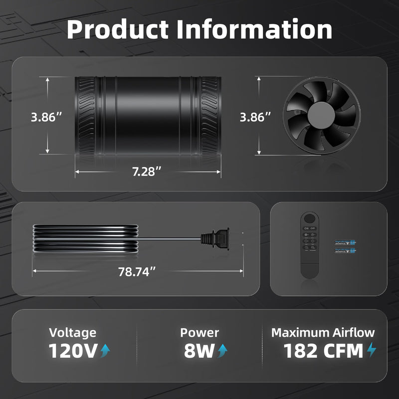 4 Inch Inline Duct Fan with Remote Speed & Timer Controller, Upgraded Inline Fan, 183CFM Exhaust Duct Fan, Low Noise HVAC Ventilation in Basement Grow Tents, Kitchen, Bathroom, Hydroponics Inline Duct Fan P127