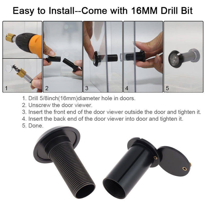 Door Viewer Peephole, Solid Brass Peephole with 5/8" (16 mm) Drill Bit for 1-1/2" to 2-3/8" Doors, 200 Degree Wide Viewing Angle Peep Holes for Front Door with Privacy Cover (Black) Black