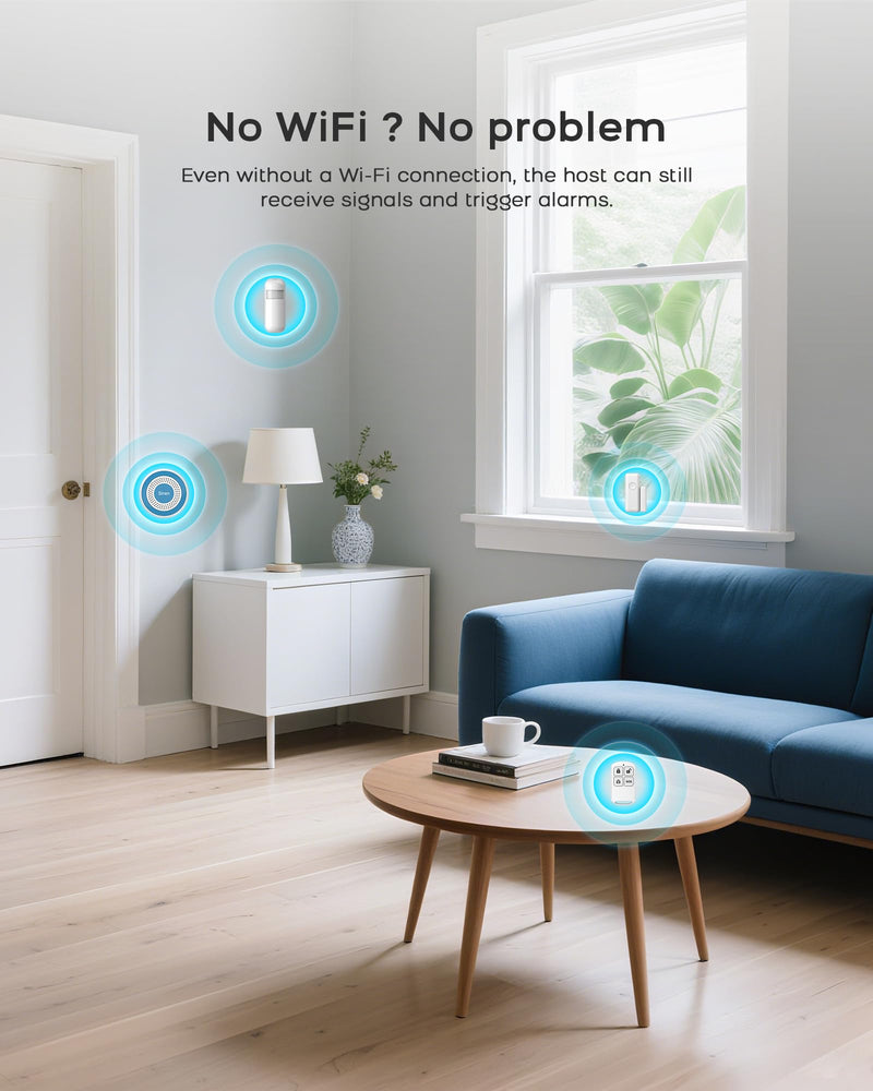 WiFi Door Alarm System, Wireless Alarm System 5 Piece Kit with Phone APP Alert Alarm Siren Door Window Sensor Motion Sensor Compatible with Alexa No Contract Ideal for Home CL519-A