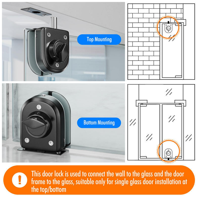 Ranbo Frameless Glass Door Floor Lock, 304 Stainless Steel, Brushed Black | Fits 3/8"–1/2" (10–12 mm) Swing/Sliding Glass Doors, Clamp-On No-Drill, Top or Bottom Mount, Ideal for Office, Entrance LE-70A Brushed Black