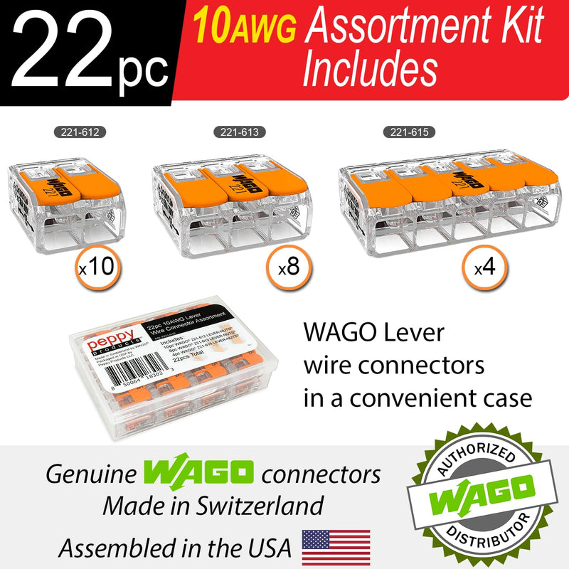WAGO 221-61x Lever Nuts 22pc 10AWG Lever Wire Connector Assortment Kit | Splicing for Solid and Stranded Electrical Conductors | Includes 221-612, 221-613, 221-615 with Case 22pc Kit