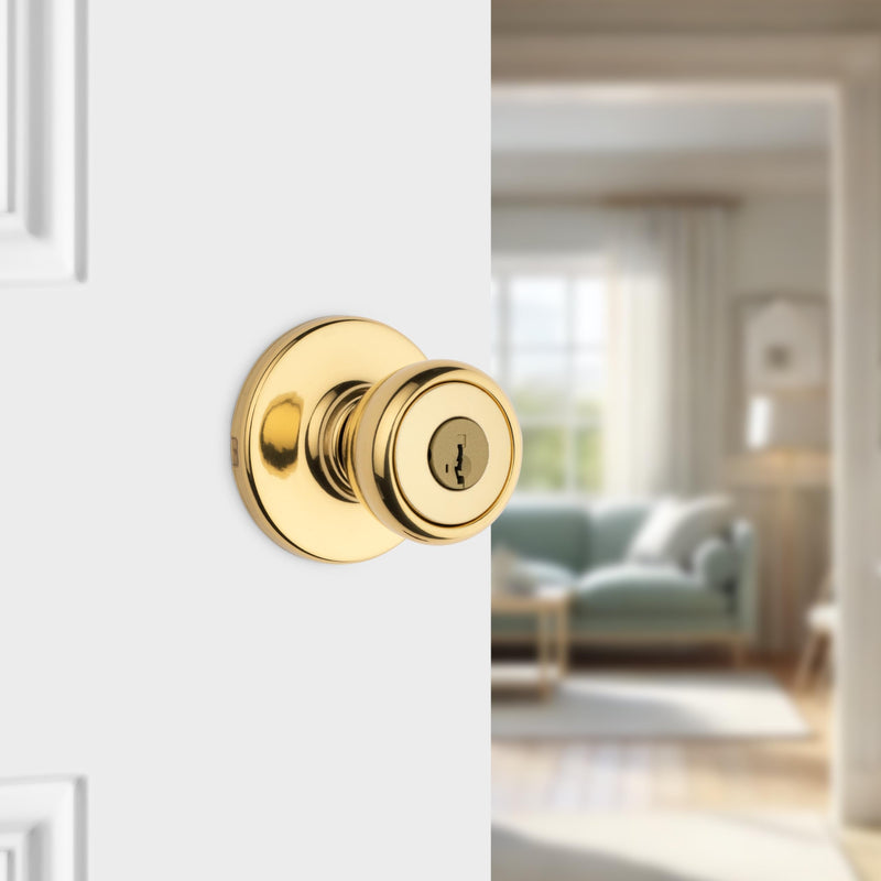 Kwikset Tylo Entry Door Knob with Lock and Key, Secure Keyed Handle Exterior, Front Entrance and Bedroom, Polished Brass, Pick Resistant SmartKey Rekey Security 1 Pack Keyed Entry with Smartkey