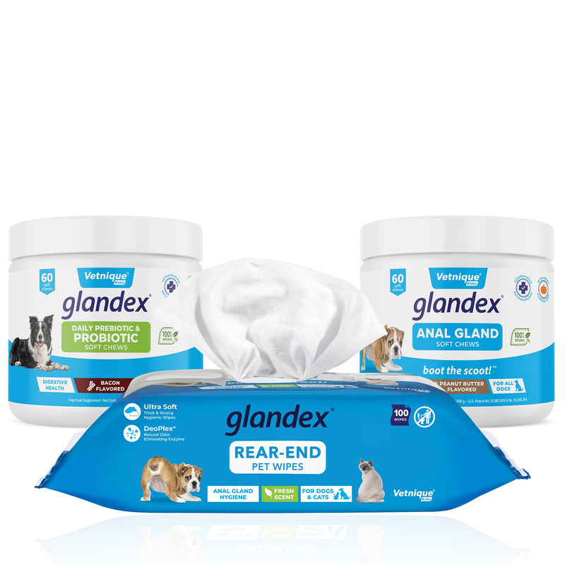 Vetnique Labs Ulti-Mutt Glandex for Dogs with Glandex Bacon Prebiotic & Probiotic Supplement Chews 60 Ct, Glandex Peanut Butter Anal Gland Support Chews 60 Count, Anal Gland Hygienic Pet Wipes 100 Ct