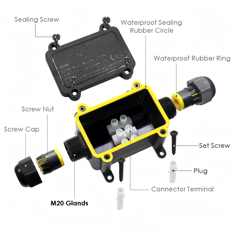 IP68 Waterproof Junction Box,2-Way Waterproof Splice Box Outdoor with 2 Cable M20 Gland Wire Connector Electrical Junction Box for 4-12mm Diameter Cable, Black 2Way(Small) M20 1Pack