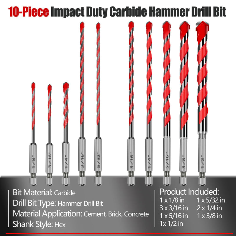 48-20-9058 10-Piece Impact Duty Carbide Concrete Hammer Drill Bit Set | Concrete Hammer Drill Bit Compatible with Milwaukee Tool, Masonry Drill Bits Set for Concrete, Stone, Brick with Storage Case