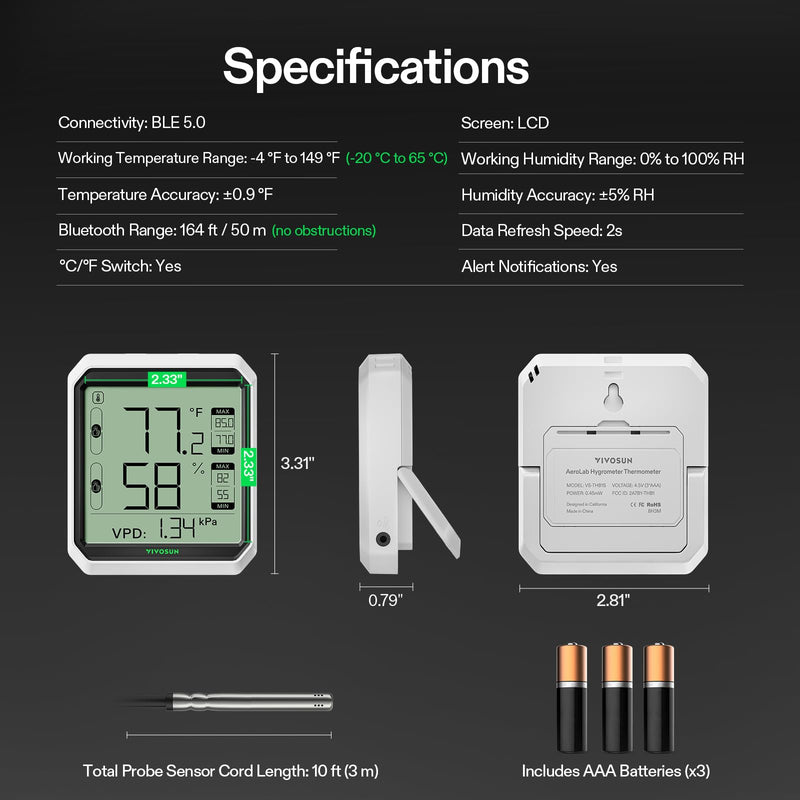 VIVOSUN AeroLab THB1S Wireless Bluetooth Hygrometer Thermometer Indoor, VPD, Digital Temp Humidity Meter, LCD Smart App Control & Alert, Data Storage, Dual Channels with Sensor Probe, Battery Included Thermometer with External Probe