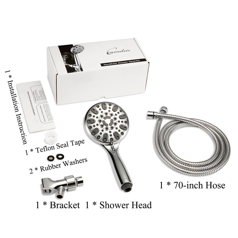 Handheld Shower Head, 6 Spray Setting High Pressure Shower Head with Brass Swivel Ball Bracket and Extra Long Stainless Steel Hose, Chrome, 5" Brass,Elegant