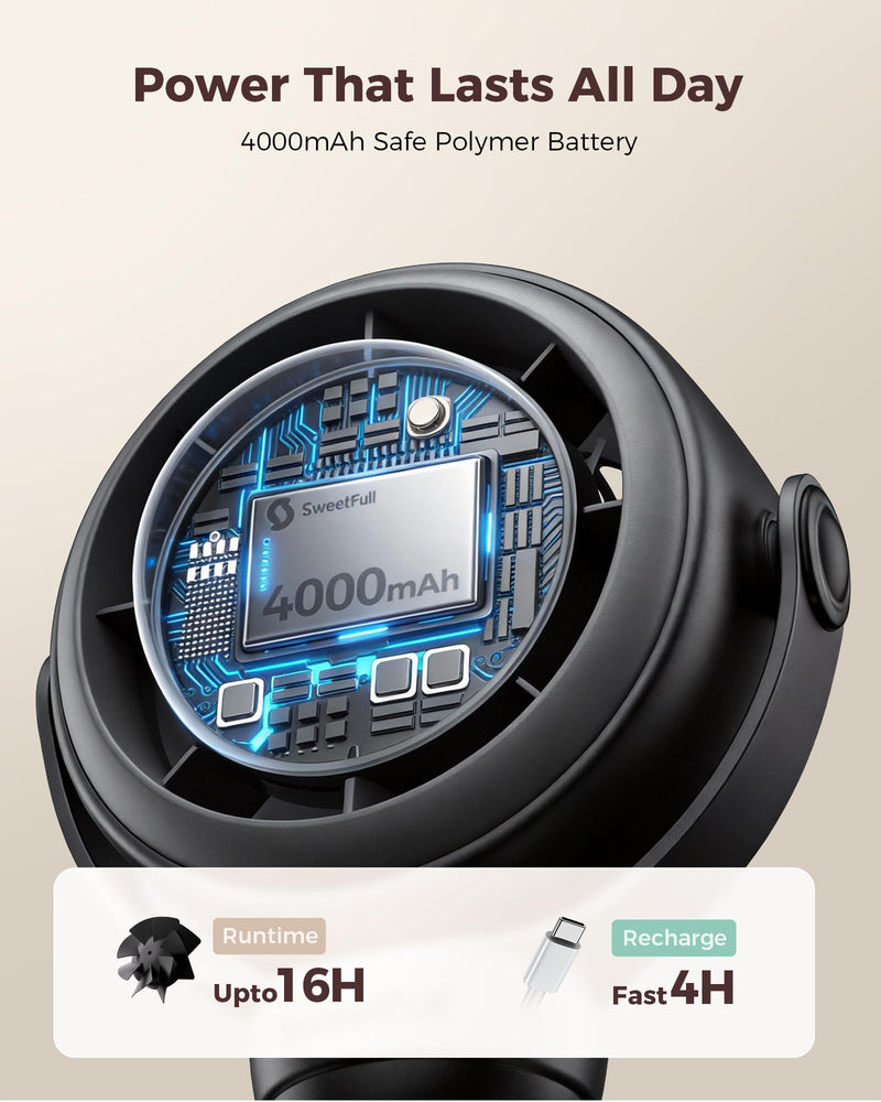 SWEETFULL Baby Stroller Fan - 4000mAh Rechargeable 4-Speed Quiet with LED Display & Night Light, Mini Portable 360° Clip On Safe Fan for Car Seat, Crib, Travel - Black