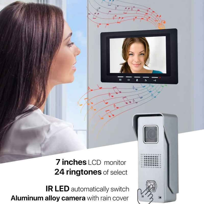 Video Intercom System, 7 Inches Monitor Wired Video Doorbell with Monitor Kits, IR Night Vision Camera Support Unlock, Monitoring, Dual-Way Intercom for Home Villa House Office Apartment Silvery