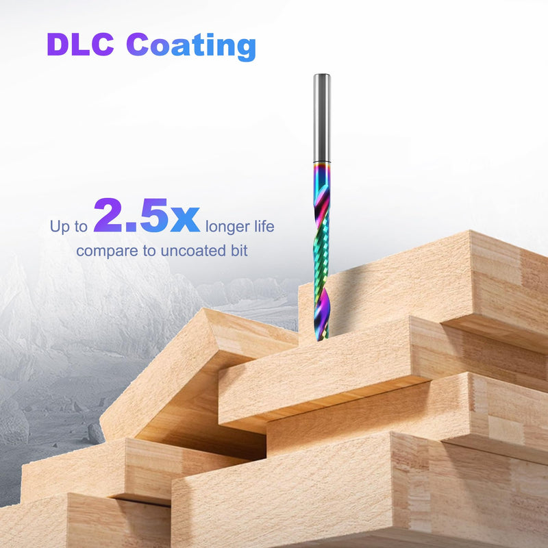 10 Pcs O Flute Up Cut Router Bits, 1/8 inch Shank Single Flute CNC End Mill, Spiral Solid Carbide Milling Cutters with DLC Coating, Ideal for Aluminum, Plastic, Acrylic, Wood, MDF and PVC