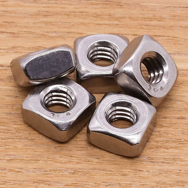1/4"-20 Stainless Steel Square Nuts, 304 Stainless Steel 18-8, Bright Finish, Full Thread, Coarse Thread UNC, Pack of 50